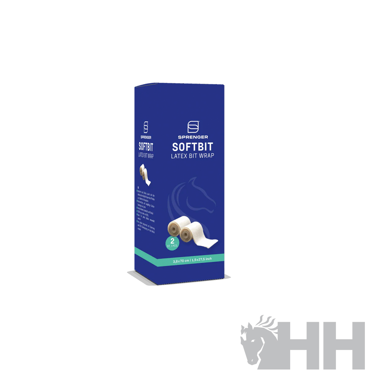 Embalagem azul com faixa verde do produto SOFTBIT LATEX BIT WRAP da SPRENGER com rolos de faixa branca