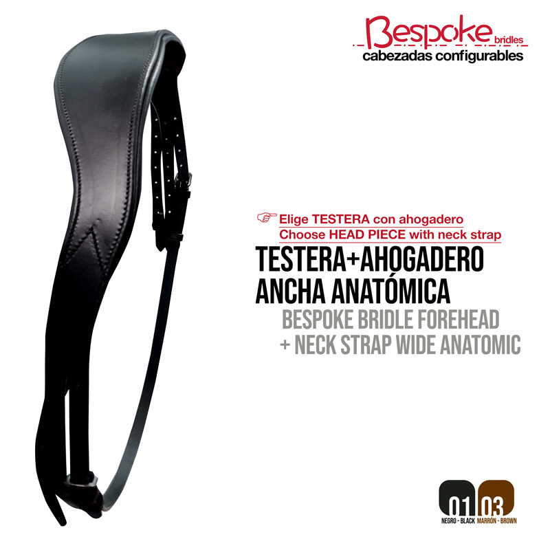 Testera para cavalo em couro preto com tira de pescoço anatómica larga