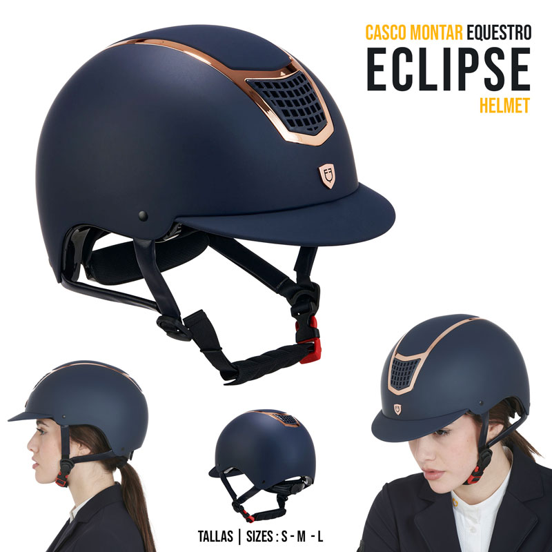 Capacete equestre azul escuro com detalhes cobre e viseira rígida