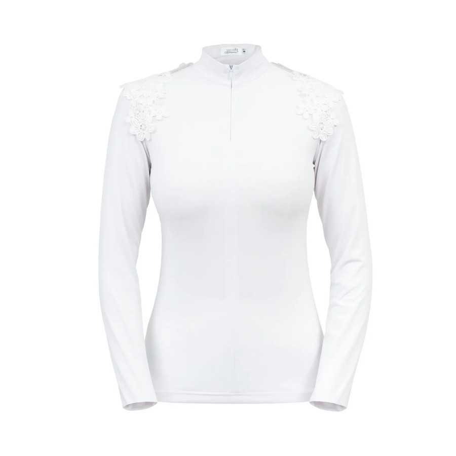 Camisola branca de manga comprida com fecho e renda nos ombros
