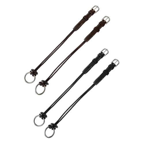 Alças de couro sintético castanho e preto com fivelas prateadas e argolas