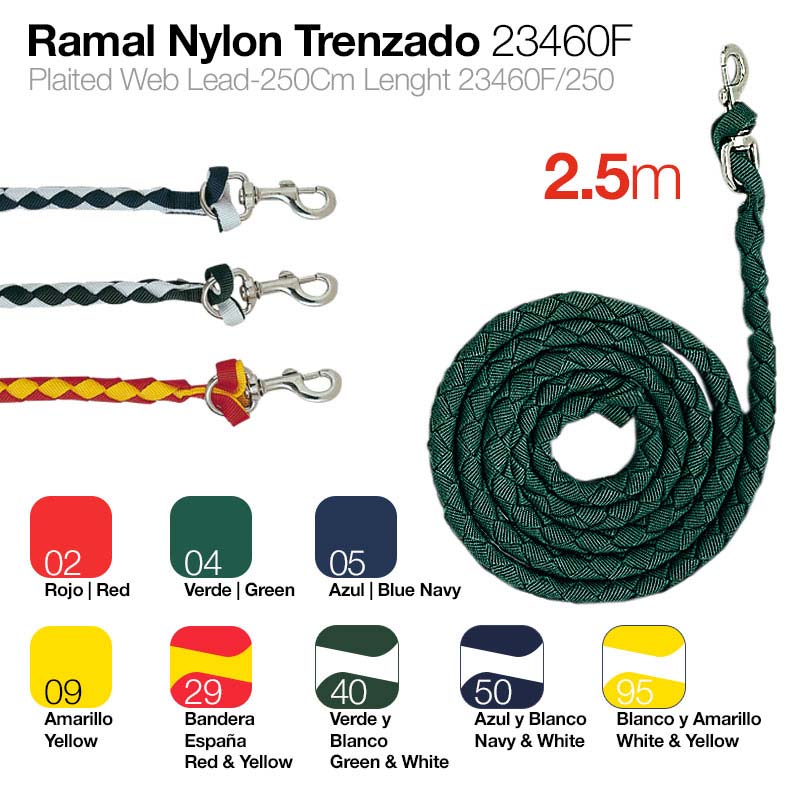 Trela de nylon trenzado com diferentes cores e padrões e fecho metálico, com texto de descrição e medidas