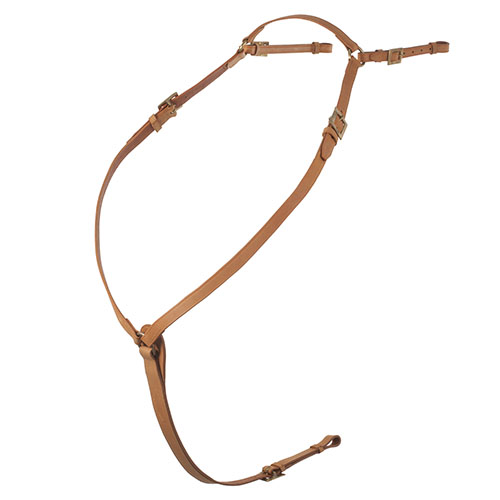Arreio ou peitoral de couro castanho claro com fivelas metálicas