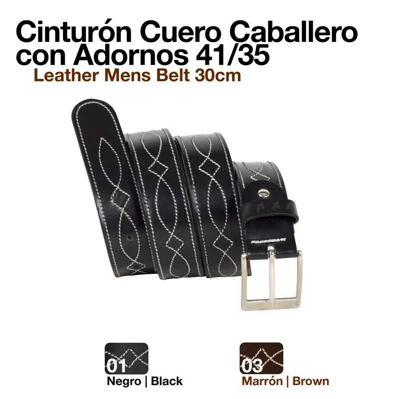 Cinto de couro masculino preto e castanho com costuras decorativas e fivela metálica