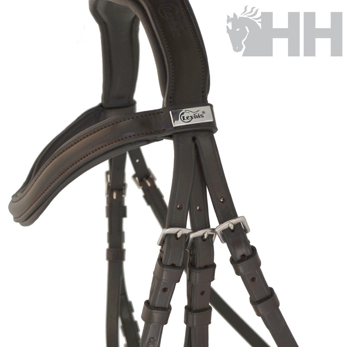 Bridão de cavalo em couro castanho com fivelas metálicas prateadas e etiqueta TEXAS MODELS