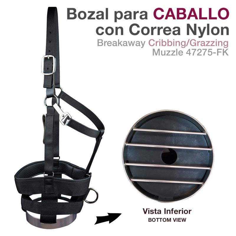 Bozal para caballo com correia de nylon preta e vista inferior do bozal circular