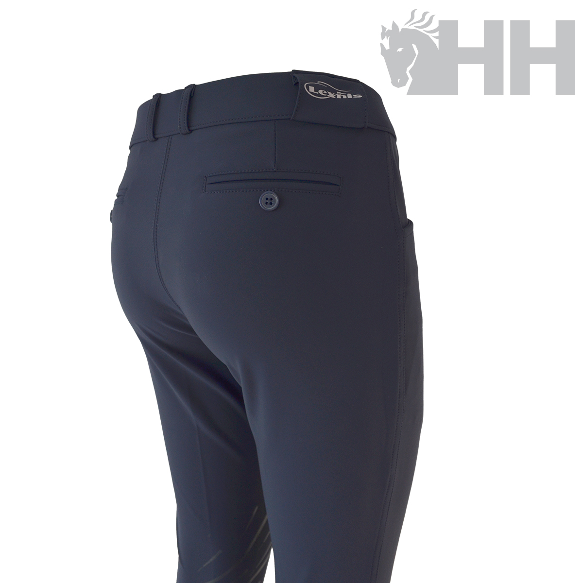 Calças azul-escuro com bolso traseiro e etiqueta na cintura