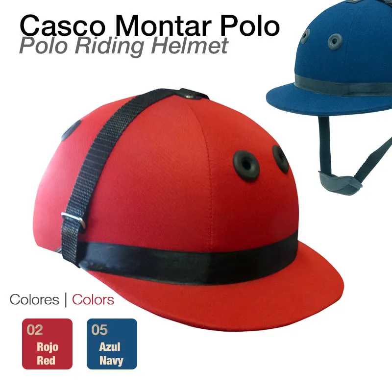 Dois capacetes de equitação tipo polo, um vermelho e um azul marinho, em fundo branco com indicação de cores
