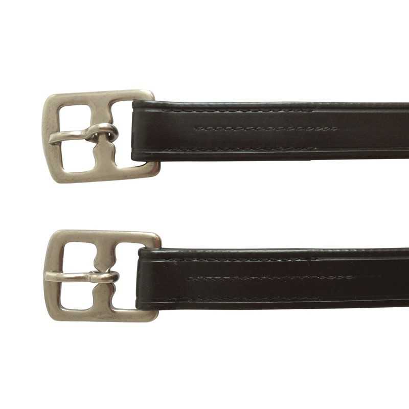 Duas tiras de couro preto com fivelas metálicas prateadas