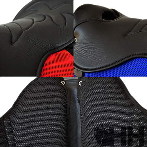 Colete de segurança preto com detalhes têxteis vermelho e azul e padrão em relevo.