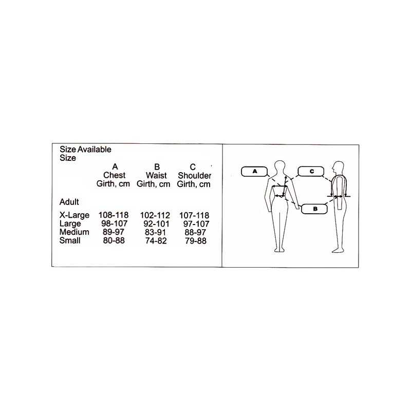 Tabela de tamanhos para adulto com medidas de peito, cintura e ombro em centímetros e desenhos esquemáticos de mulher e homem