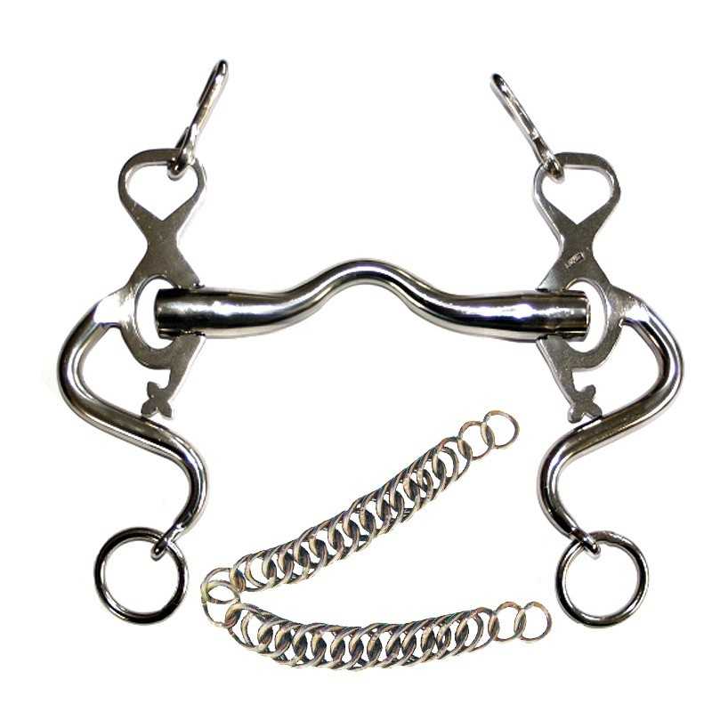 Freio metálico prateado para cavalo com correntes