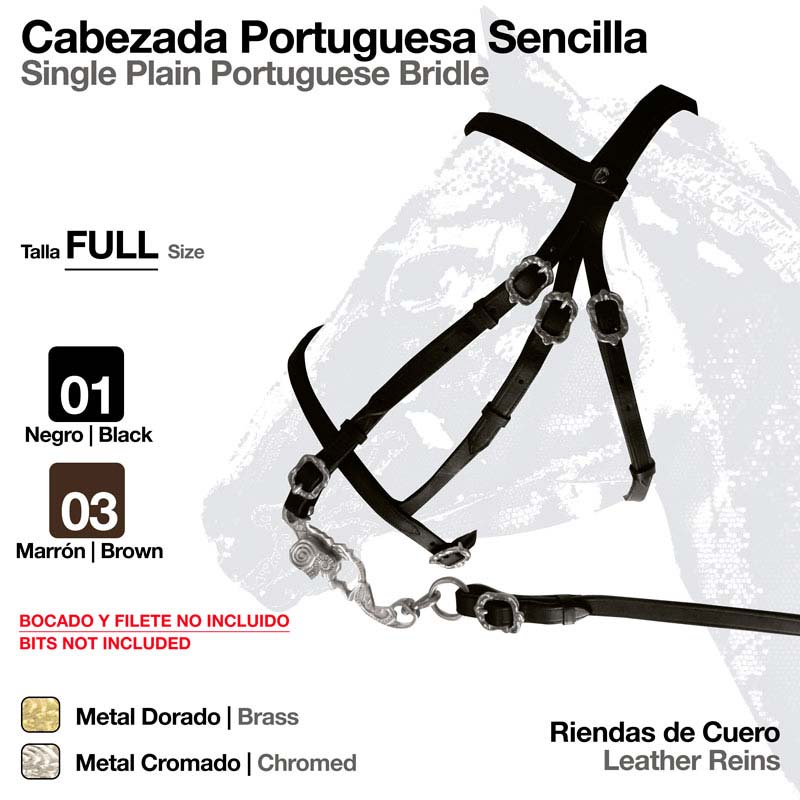 Cabeçada portuguesa simples em couro preto com ferragens cromadas e texto explicativo