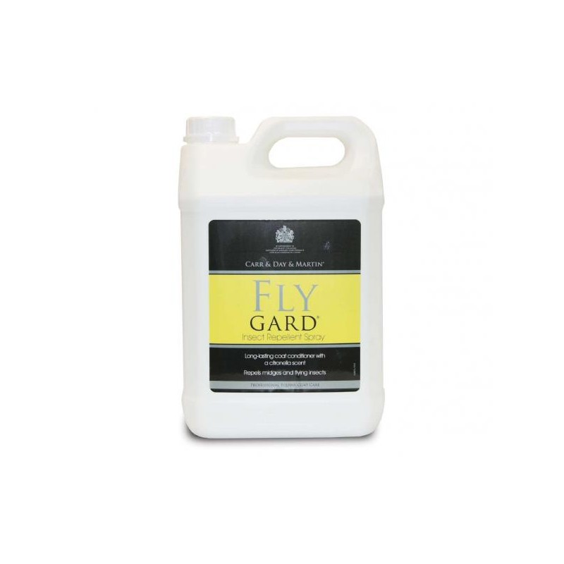 Frasco branco de plástico com rótulo preto e amarelo com texto Fly Gard.