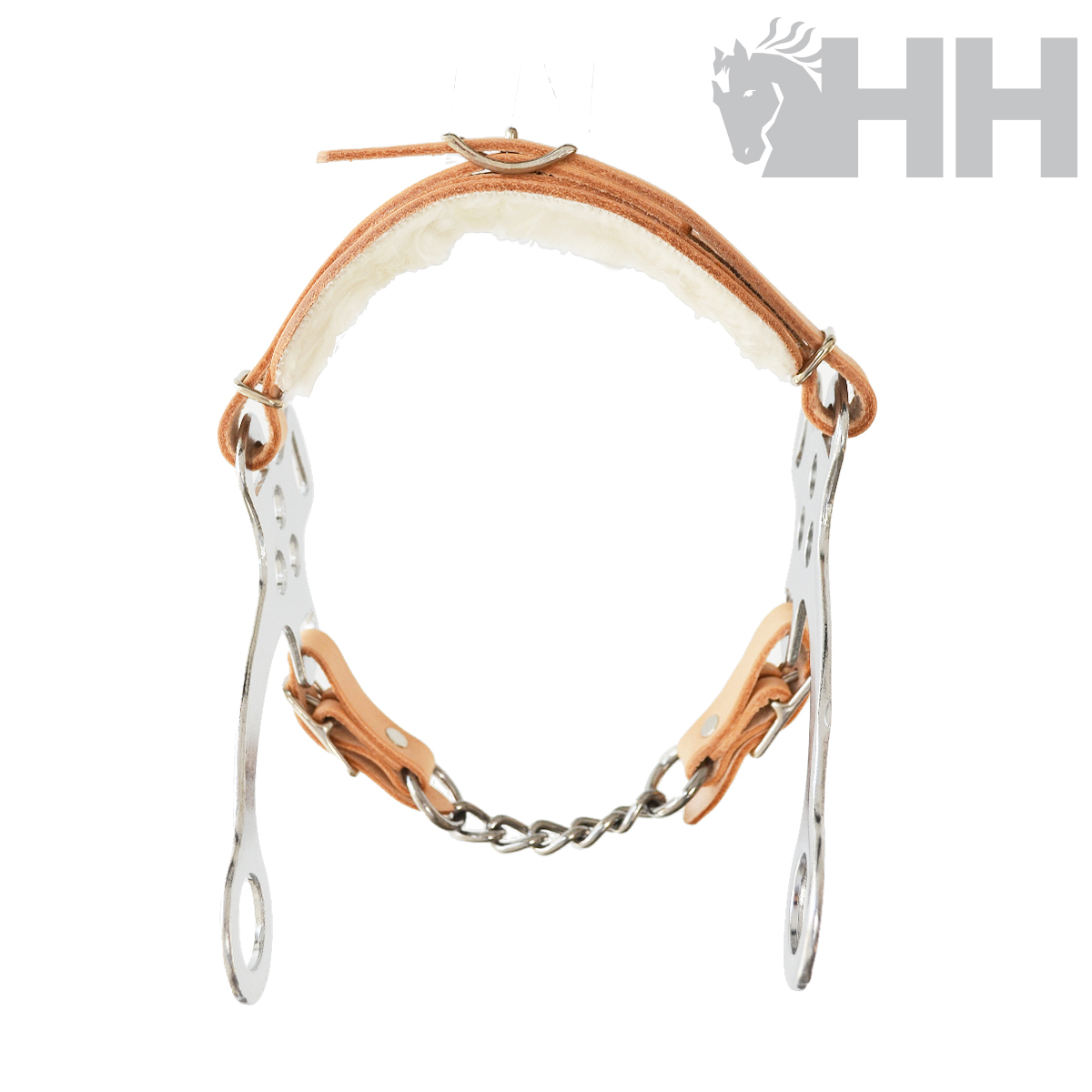 Ferradura de equitação em metal e cabedal castanho com acolchoamento branco e corrente prateada