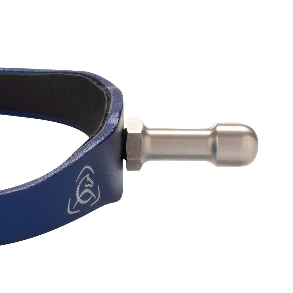 Espora de couro azul com metal prateado e símbolo branco