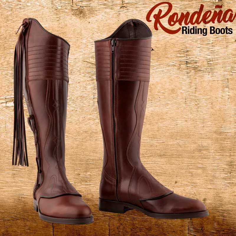 Botas de equitação castanhas com franja e texto Rondeña Riding Boots