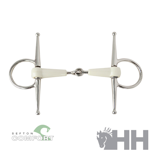 Freio para cavalo em metal prateado com partes brancas e anéis grandes