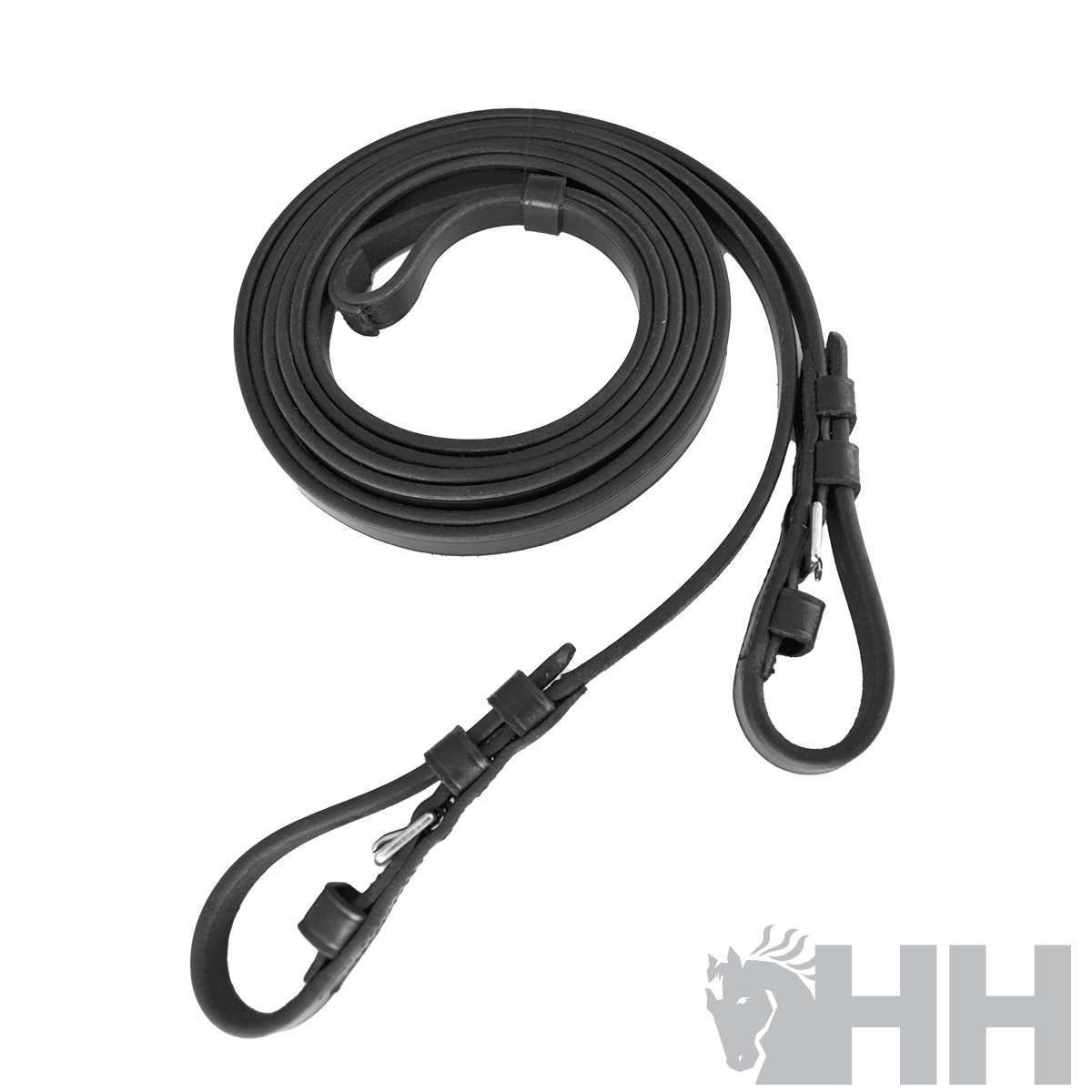 Rédea de pele preta com fivelas, enrolada sobre fundo branco e logótipo HH