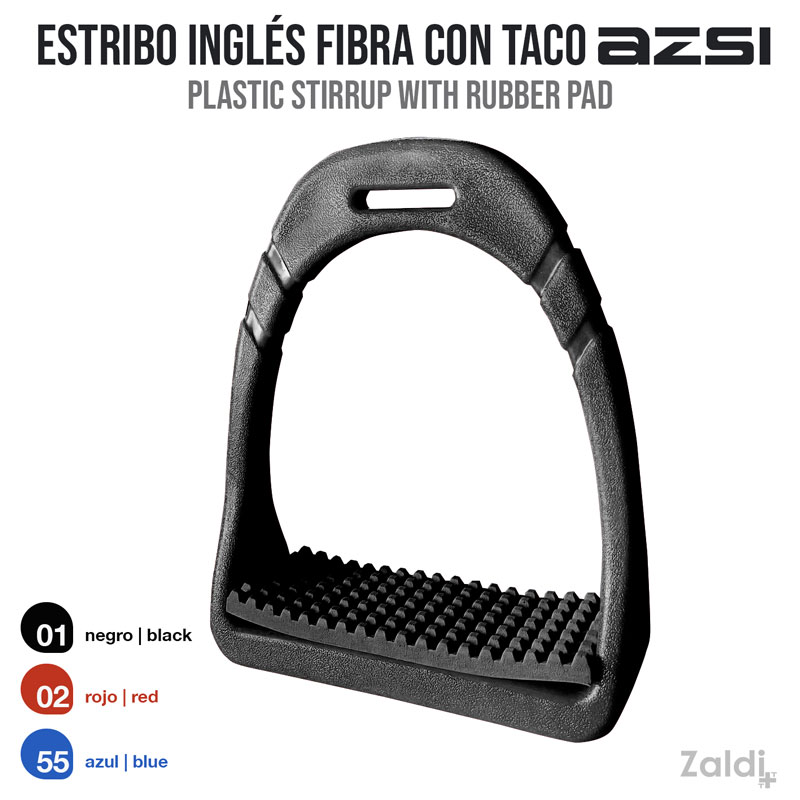 Estribo inglês preto de fibra com taco emborrachado e texto descritivo em fundo branco