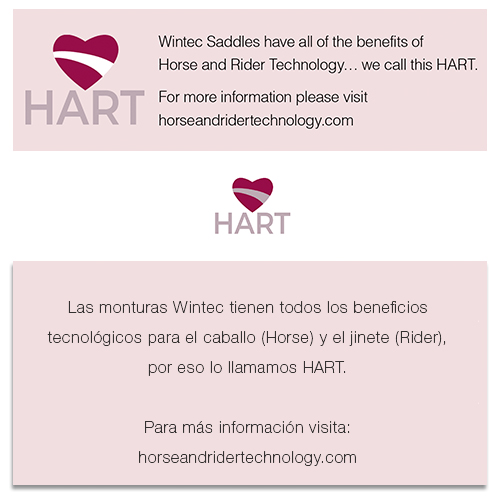 Imagem informativa sobre selins Wintec e tecnologia HART com texto em inglês e espanhol