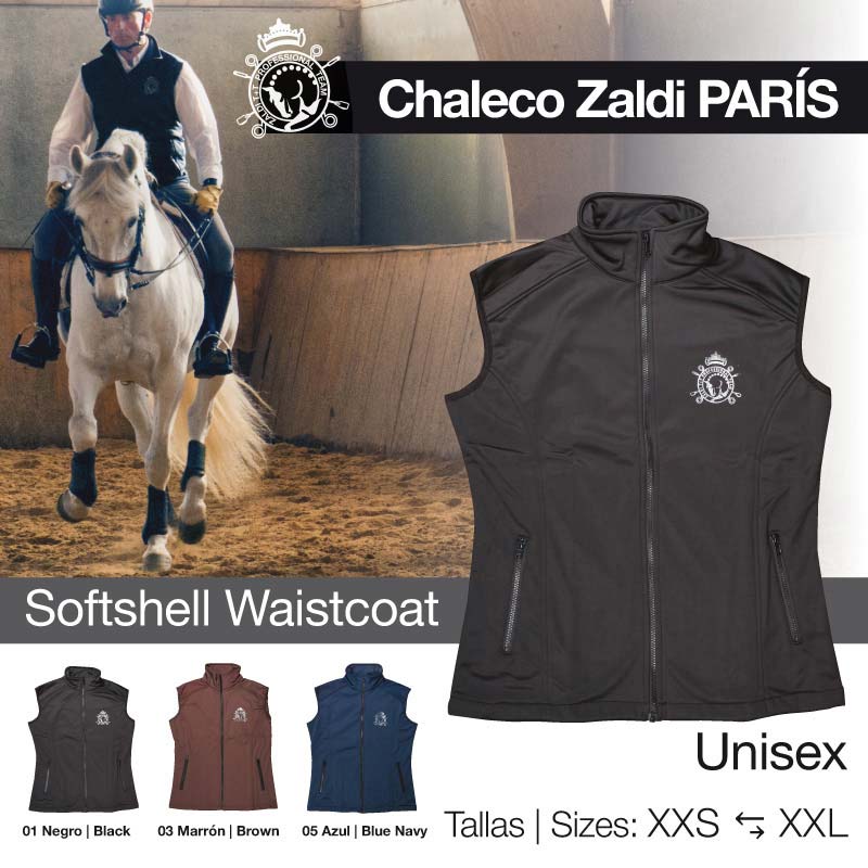 Colete softshell unissexo para equitação em preto com zíper e logótipo, disponível em várias cores e tamanhos