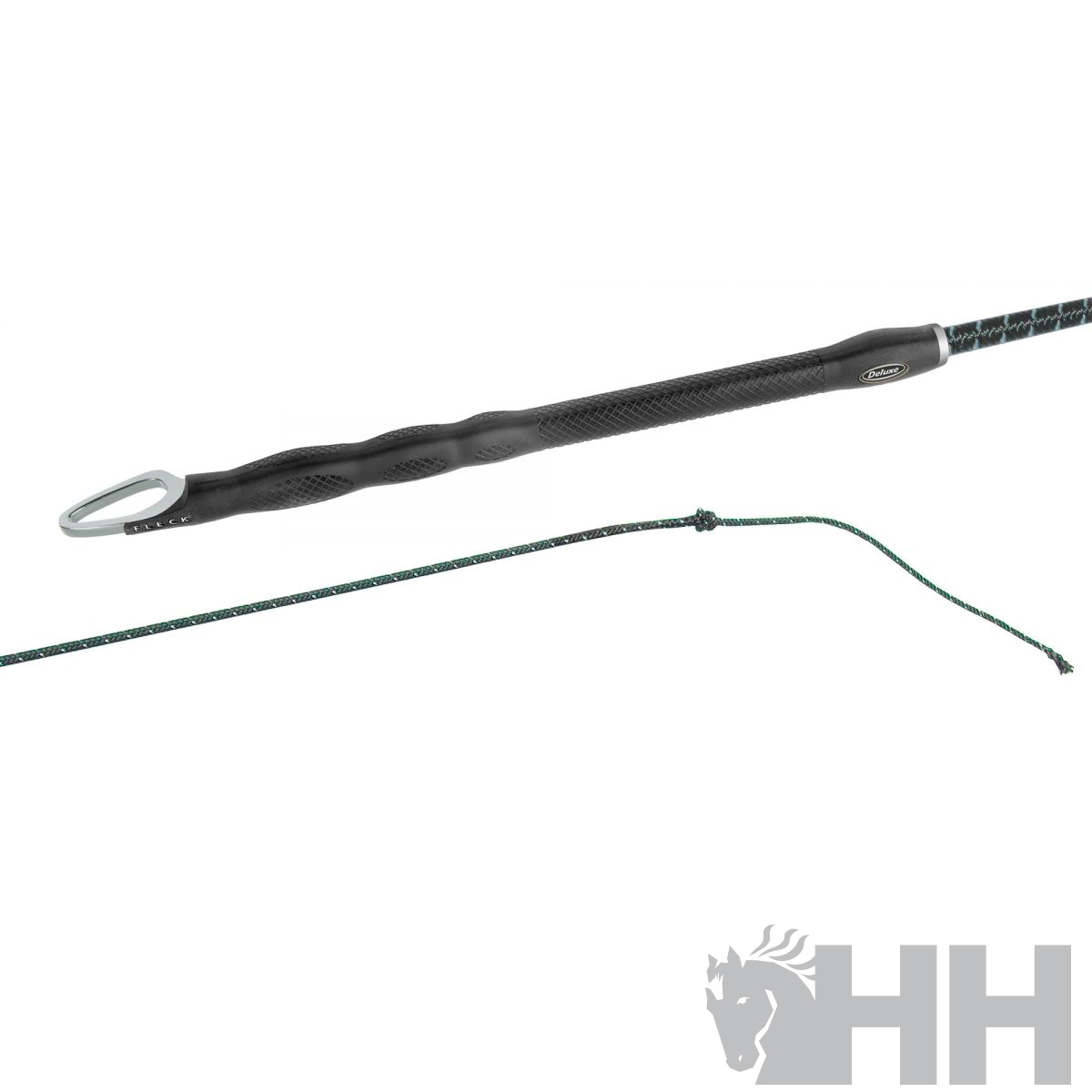 Cabo tático preto com mosquetão e corda fina preta e verde com nó.