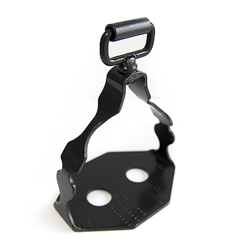 Roldana metálica preta com pegador e dois buracos circulares na base