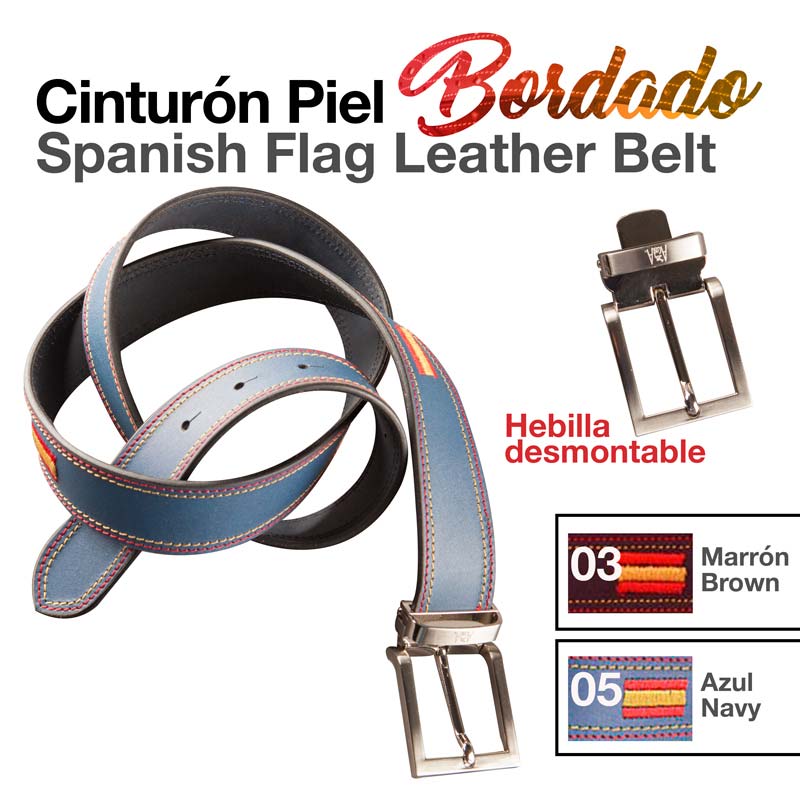 Cinto de pele azul com bordado da bandeira espanhola e fivela desmontável