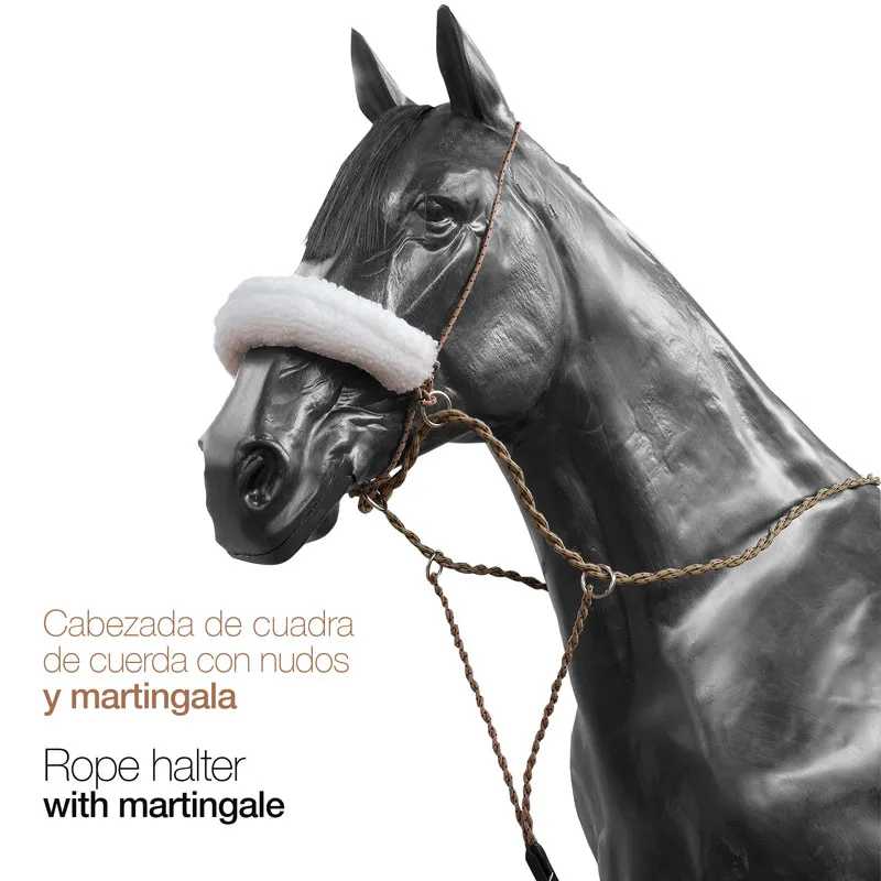 Cabresto de corda com nós e martingale em cabeça preta de cavalo com proteção acolchoada branca