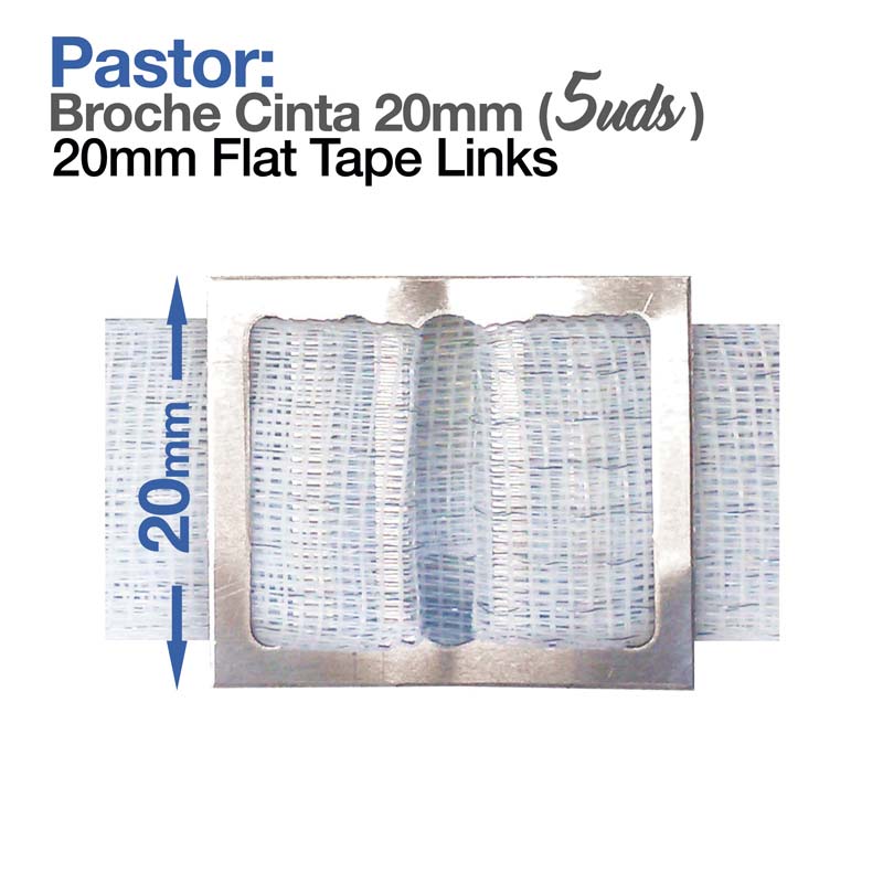 Broche metálico com fita branca de 20mm e texto de descrição do produto