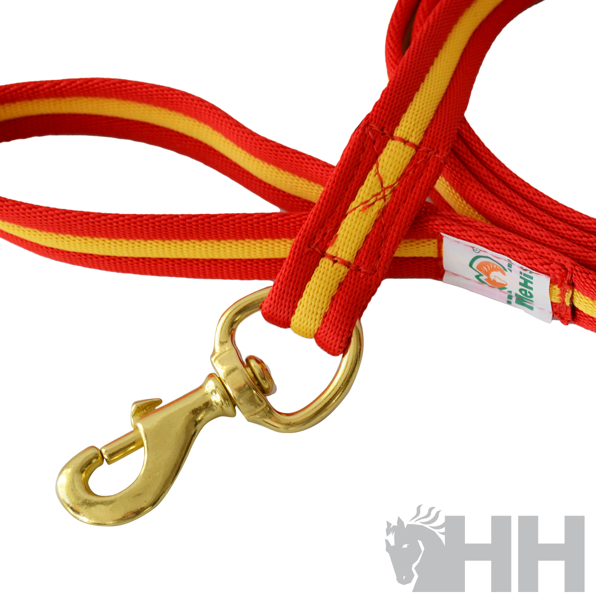 Trela vermelha com riscas amarelas e gancho metálico dourado