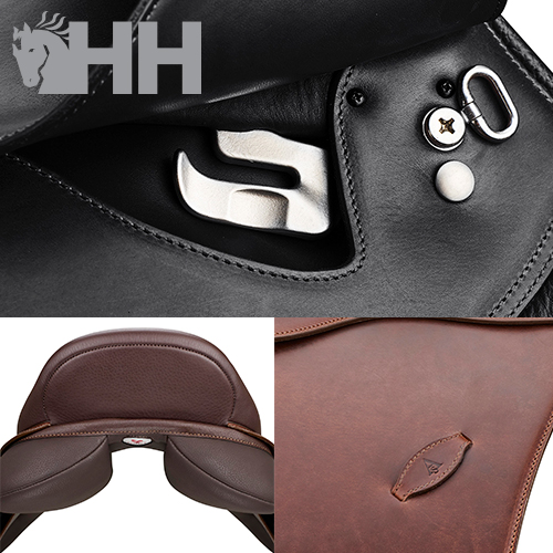 Diferentes ângulos de selas de equitação em couro preto e castanho