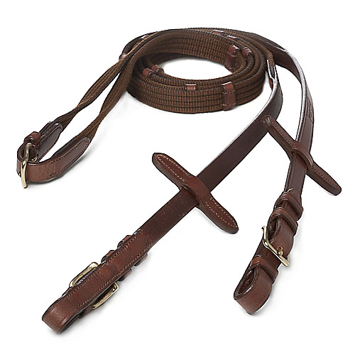 Correia de cavalo em couro castanho com fivelas metálicas douradas e tecido castanho trançado