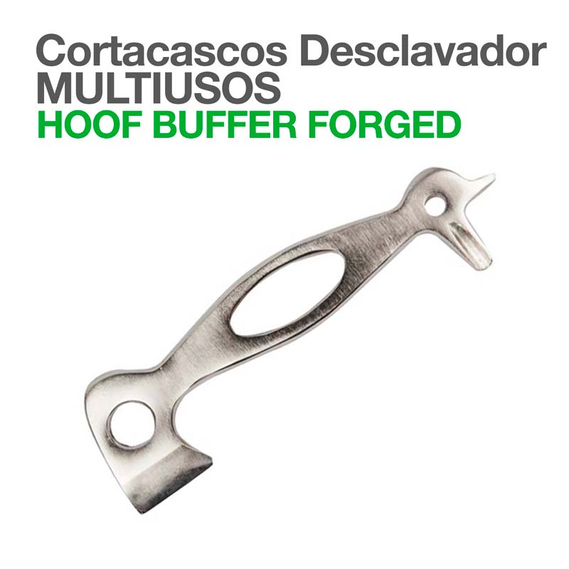 Ferramenta multiusos metálica para cortar cascos sobre fundo branco com texto promocional