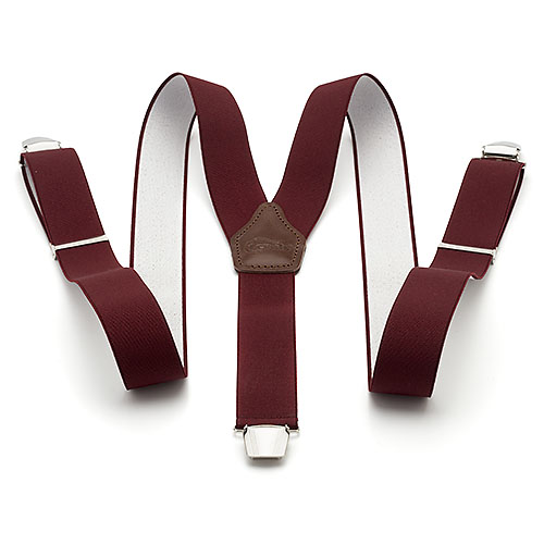 Suspensórios vermelho vinho com presilhas prateadas e detalhe em couro