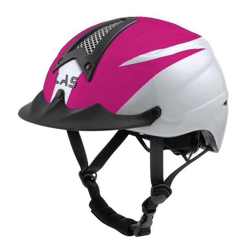 Capacete de bicicleta branco e rosa com viseira preta e alças ajustáveis