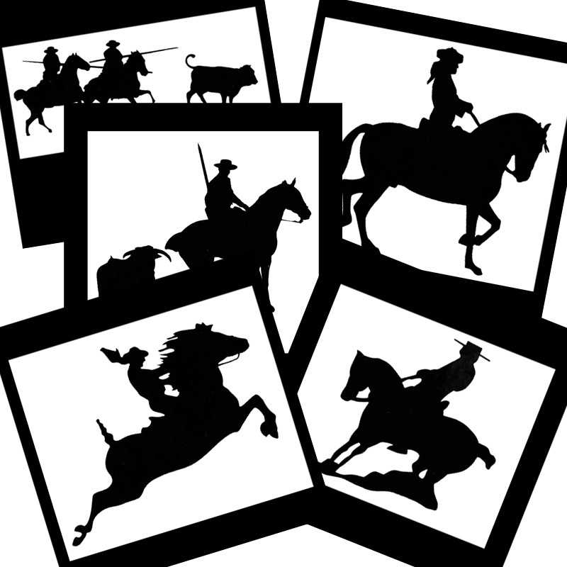 Silhuetas em preto e branco de cavaleiros em cinco quadros distintos