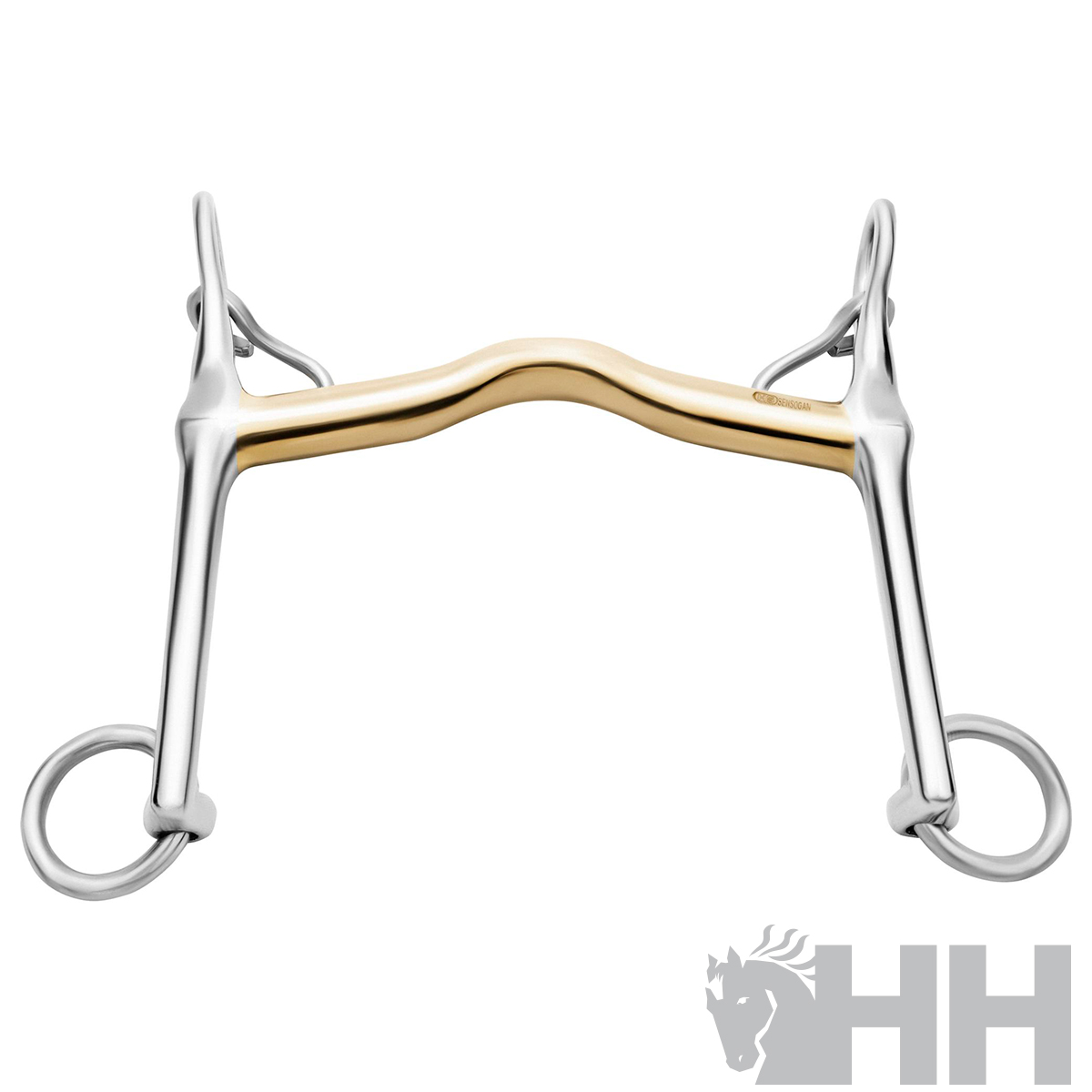 Freno de embocadura em aço inox prateado com peça central dourada