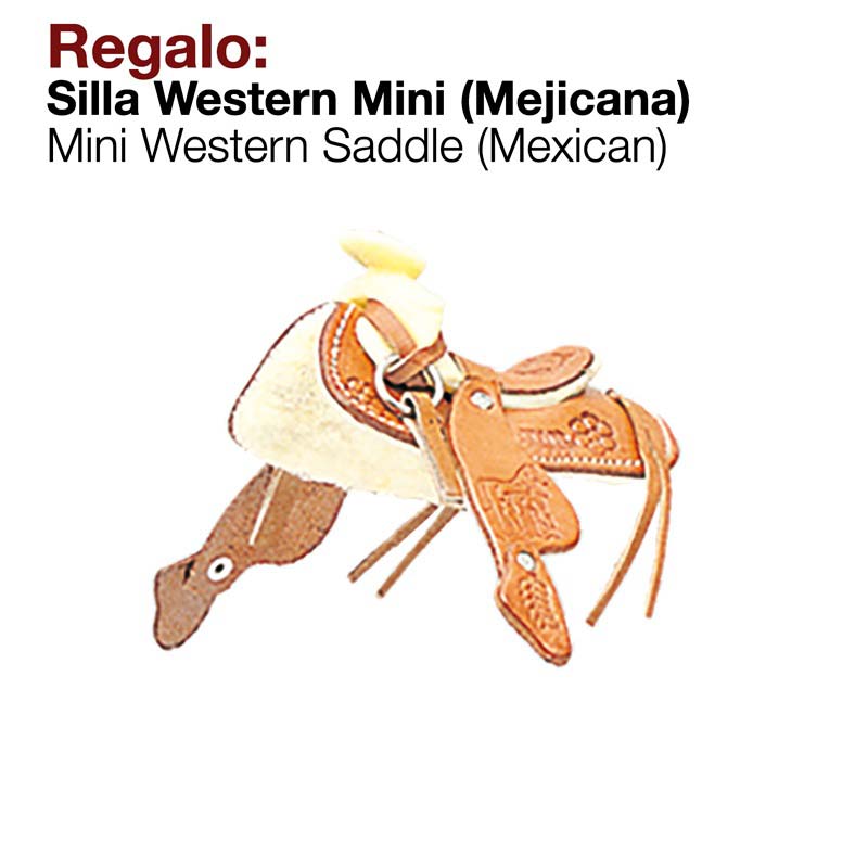 Mini sela western mexicana castanha e bege com texto promocional