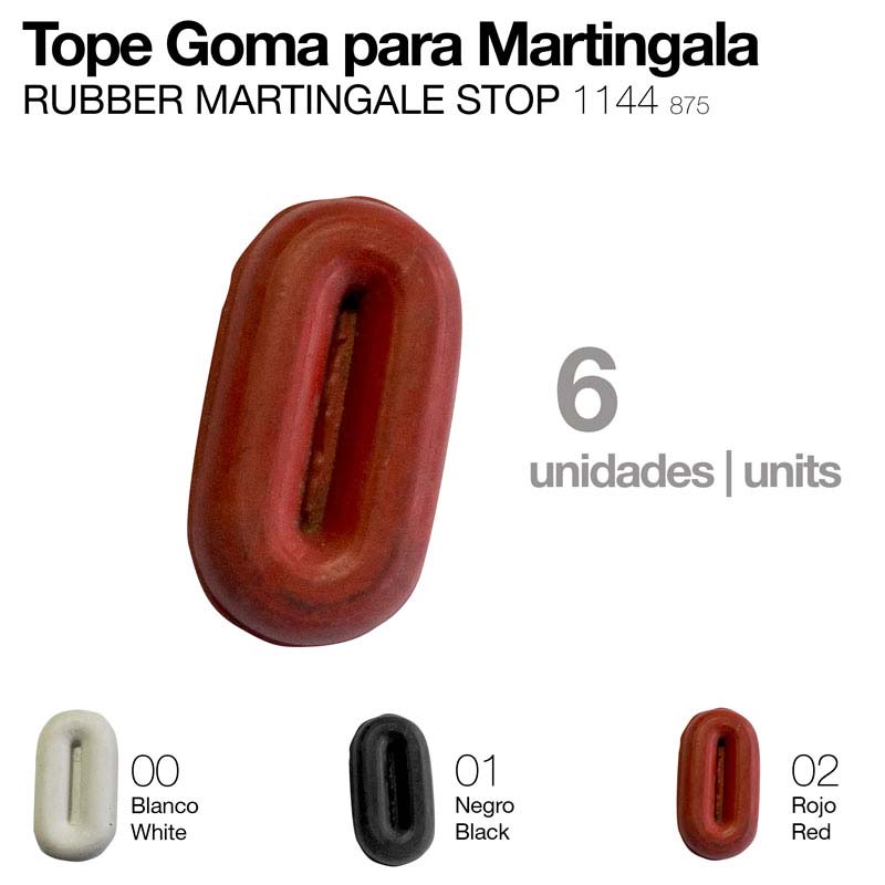 Tope de borracha para martingala em três cores branco, preto e vermelho, com texto informativo.