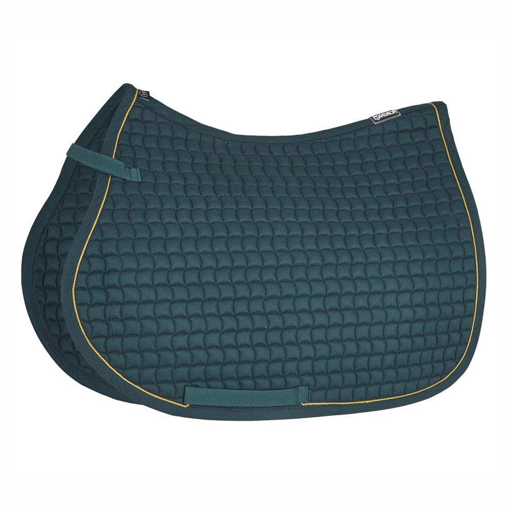 Par de mantas de sela verde escuro com linhas amarelas e textura acolchoada