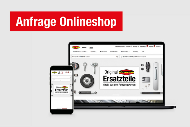 Ecrã de laptop e smartphone com website de peças Böckmann em fundo cinza claro e banner vermelho.