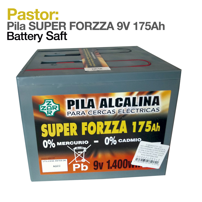 Bateria alcalina para cercas elétricas SUPER FORZZA 175Ah 9V na caixa cinza com texto colorido.