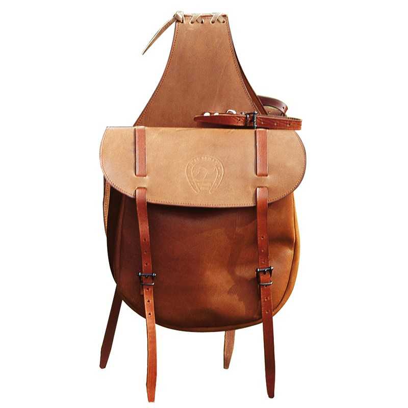 Mochila ou alforje de couro castanho com aba e tiras ajustáveis