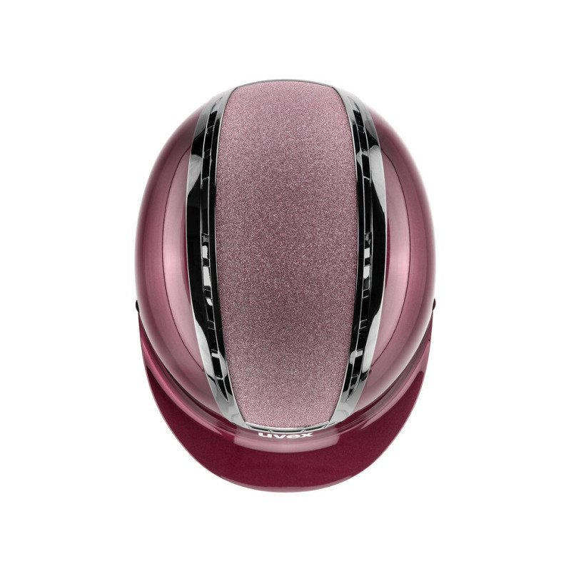 Capacete de equitação rosa com faixa central texturizada e detalhes em preto