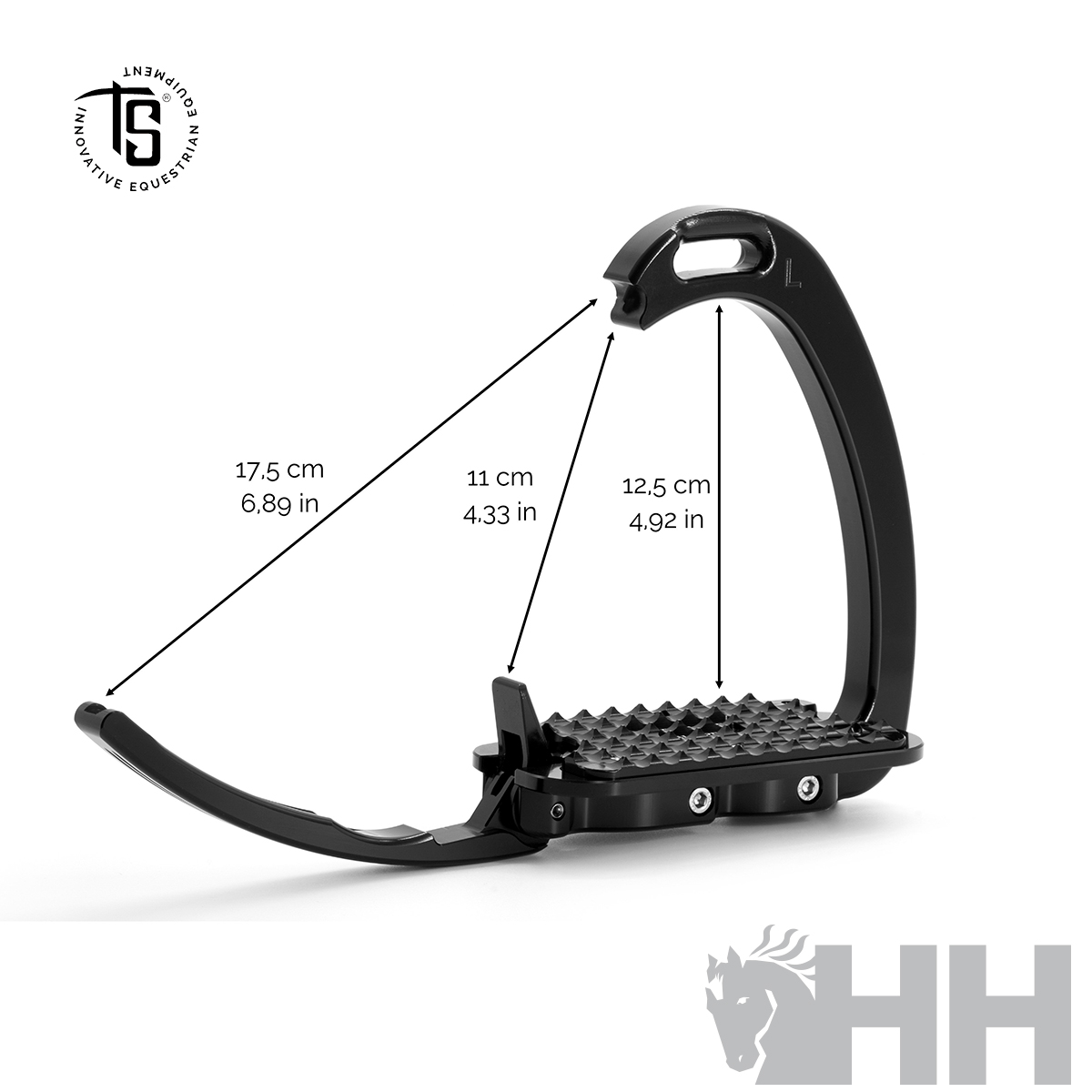 Estribo equestre preto com medidas e textura antiderrapante