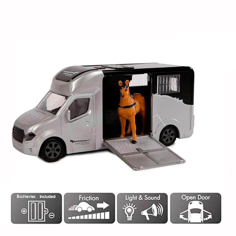 Brinquedo carrinha transporte de cavalos prateado e preto com cavalo castanho e porta aberta