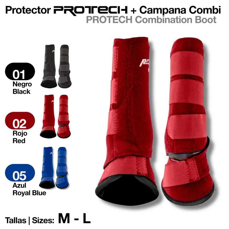 Protetores vermelhos para cascos de cavalos PROTECH com fechos de velcro, disponíveis em preto, vermelho e azul real