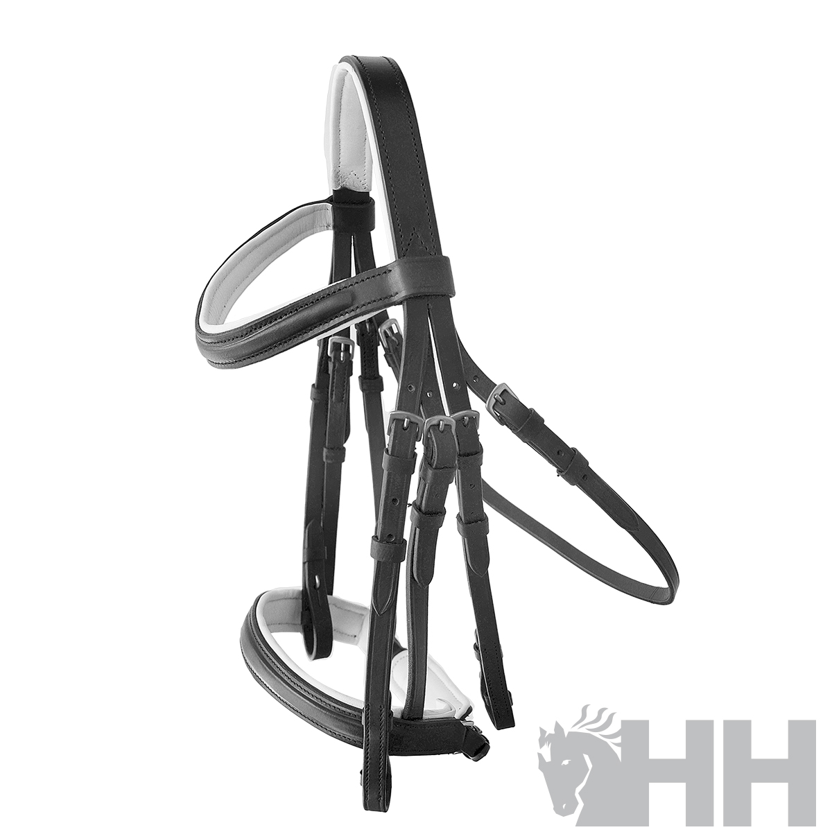 Freio de cavalo em couro preto com almofadado branco e fivelas prateadas